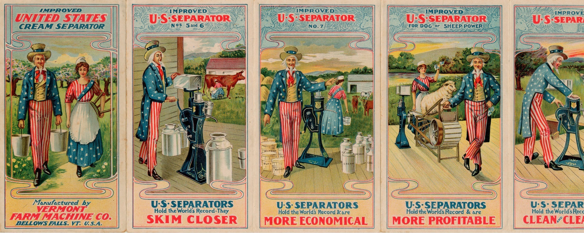 advertisement for Vermont Farm Machine Company cream separators showing Uncle Sam