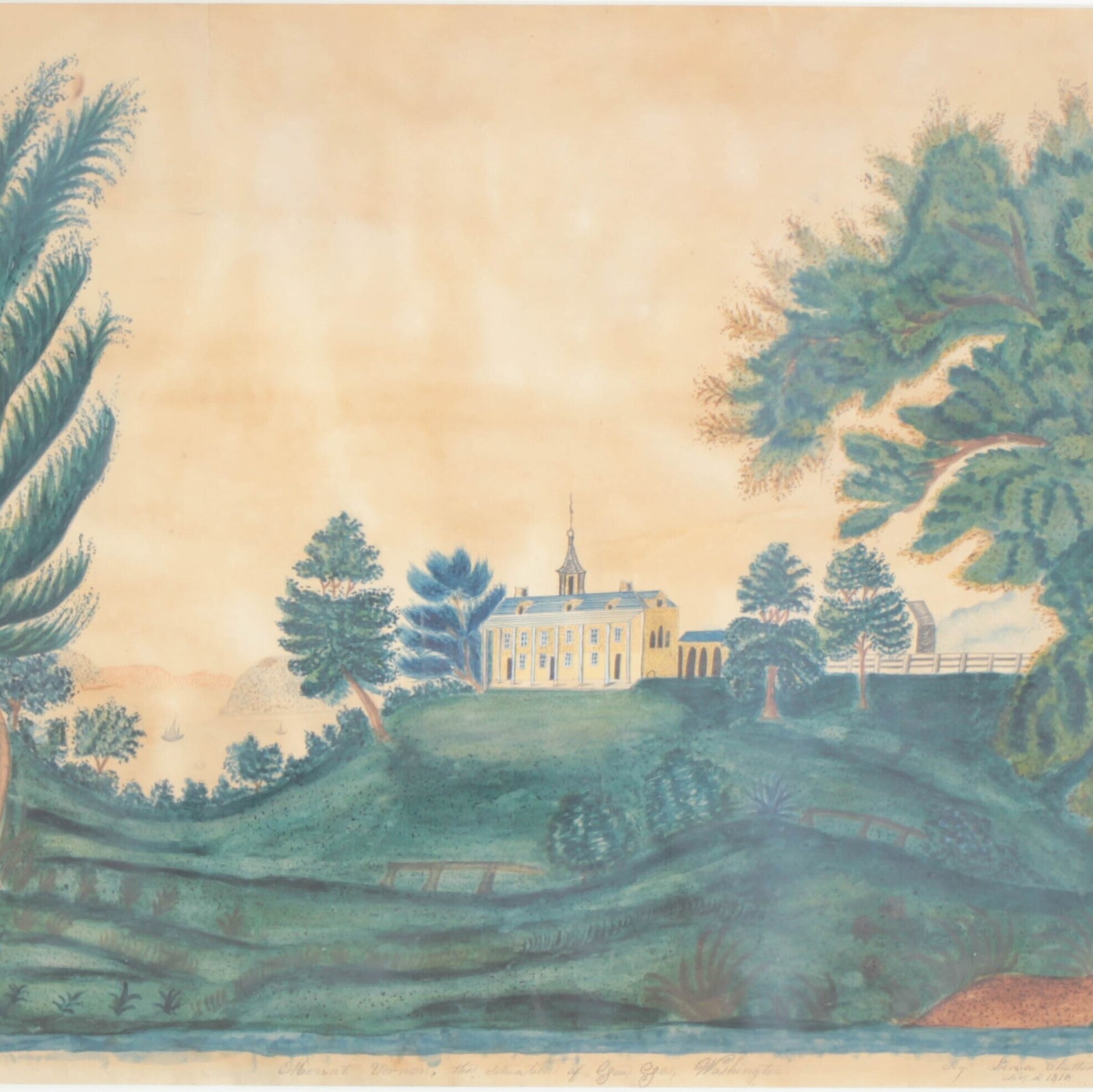painting of Mt Vernon on top of hill with trees around