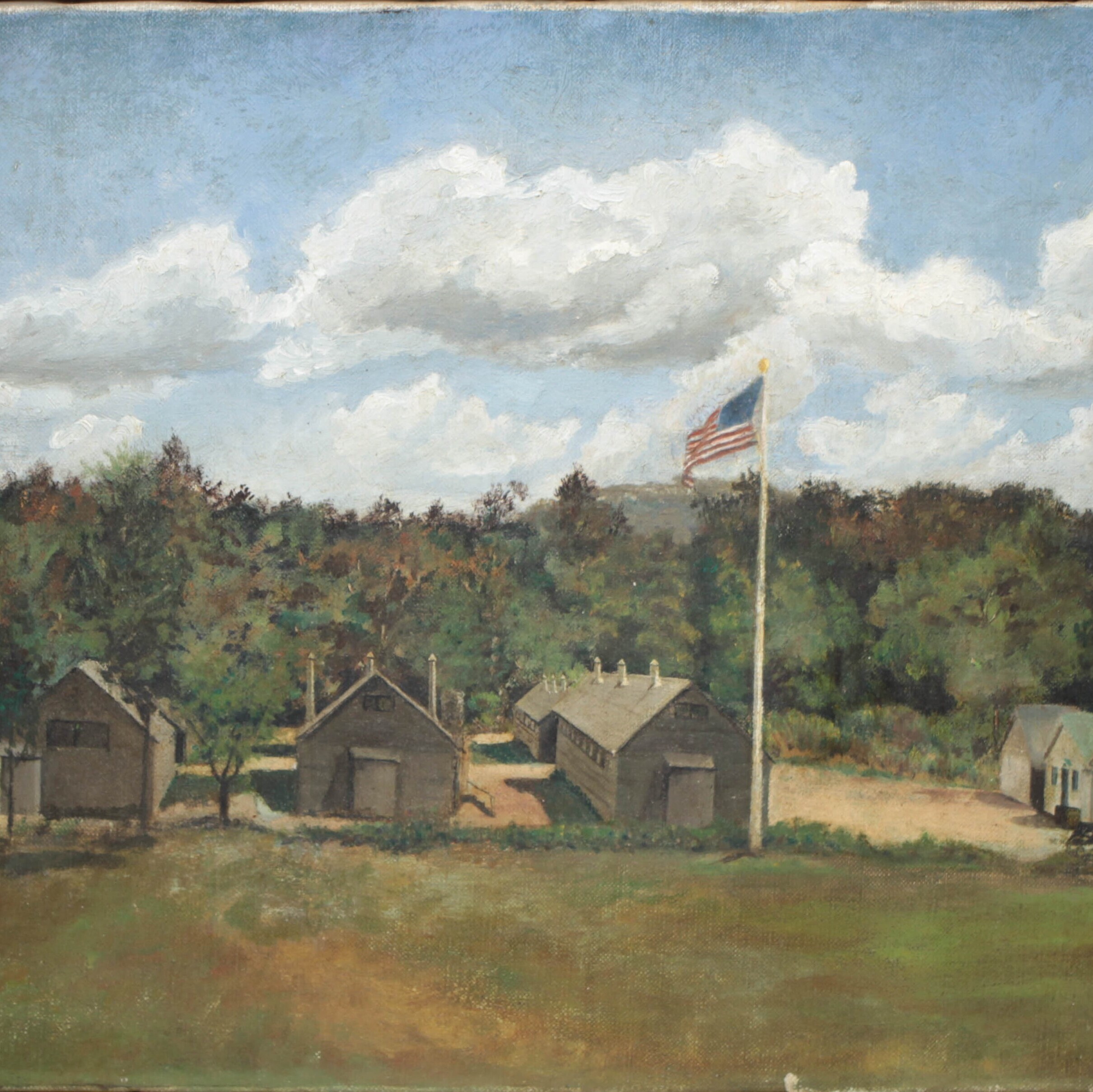 painting featuring buildings, trees, and american flag