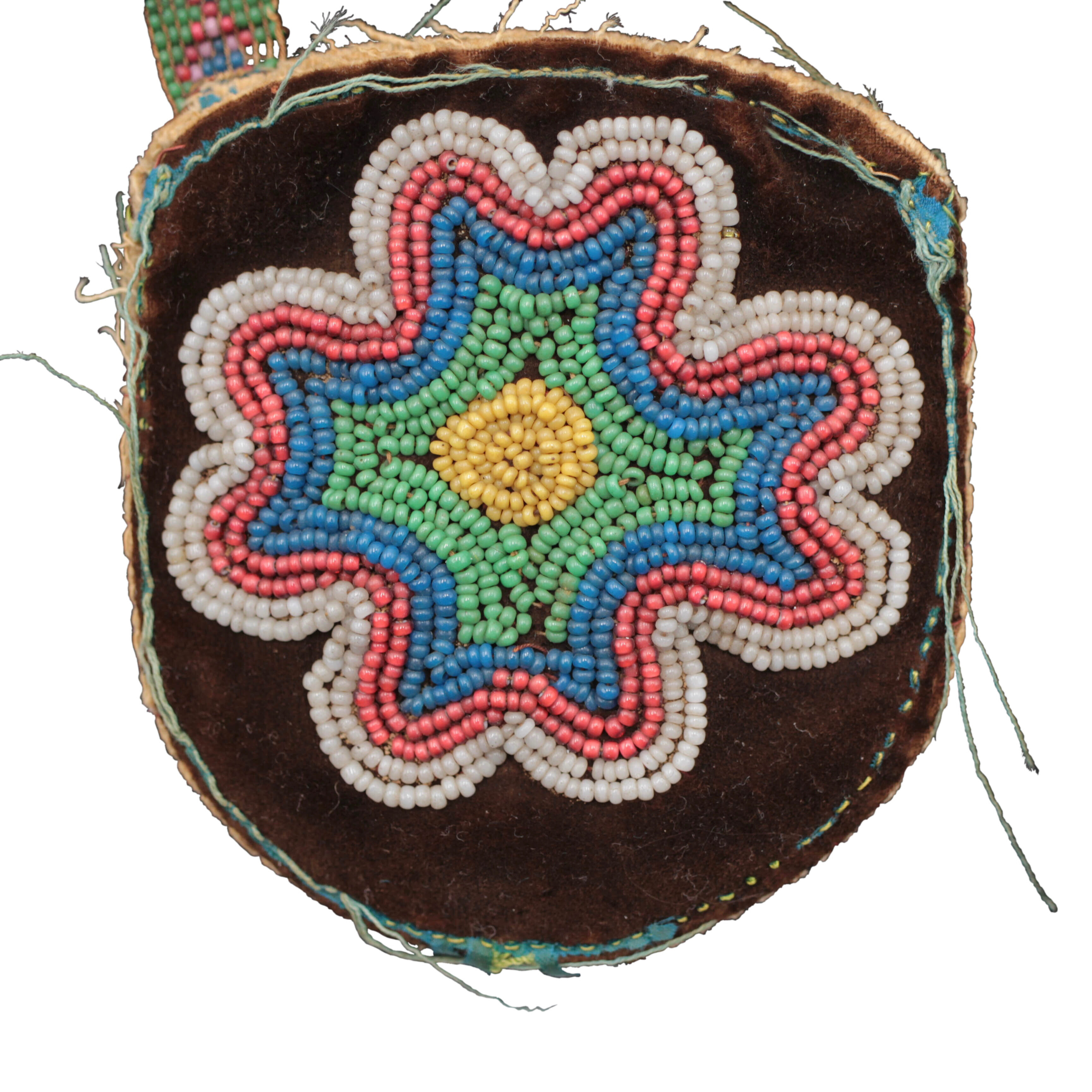 leather pouch with colorful beading in shape of a flower