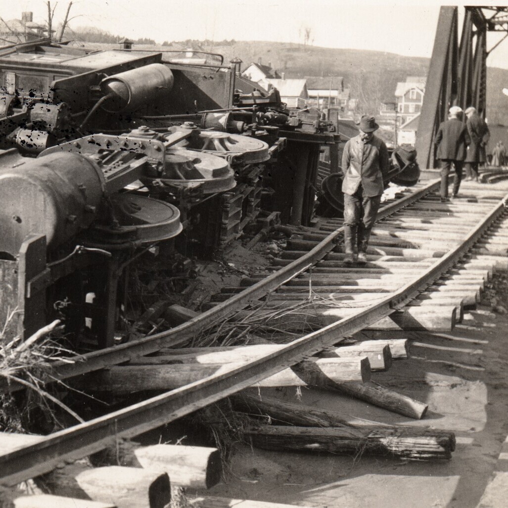 wrecked train after flood