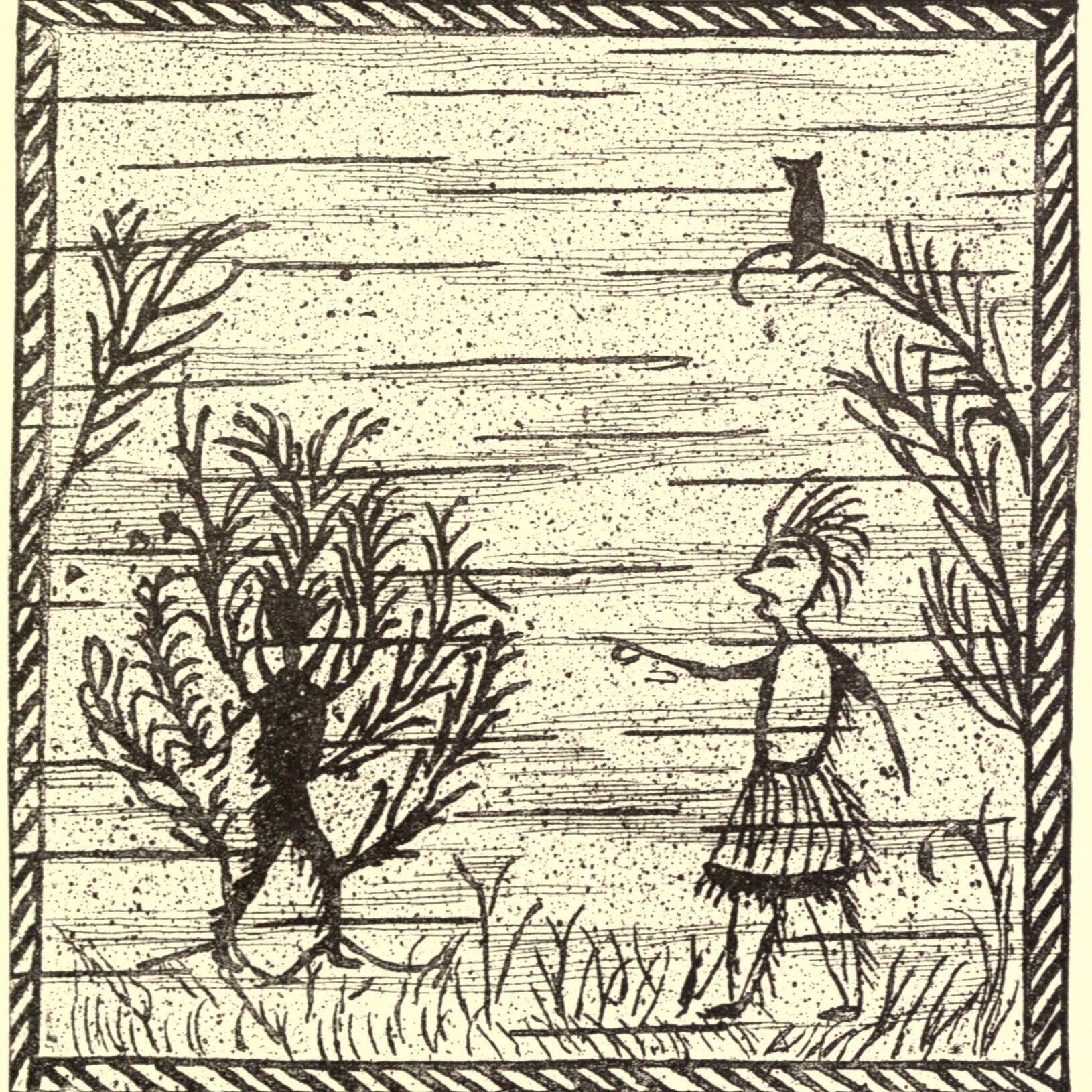 drawing of a man made of branches and a Native American deity