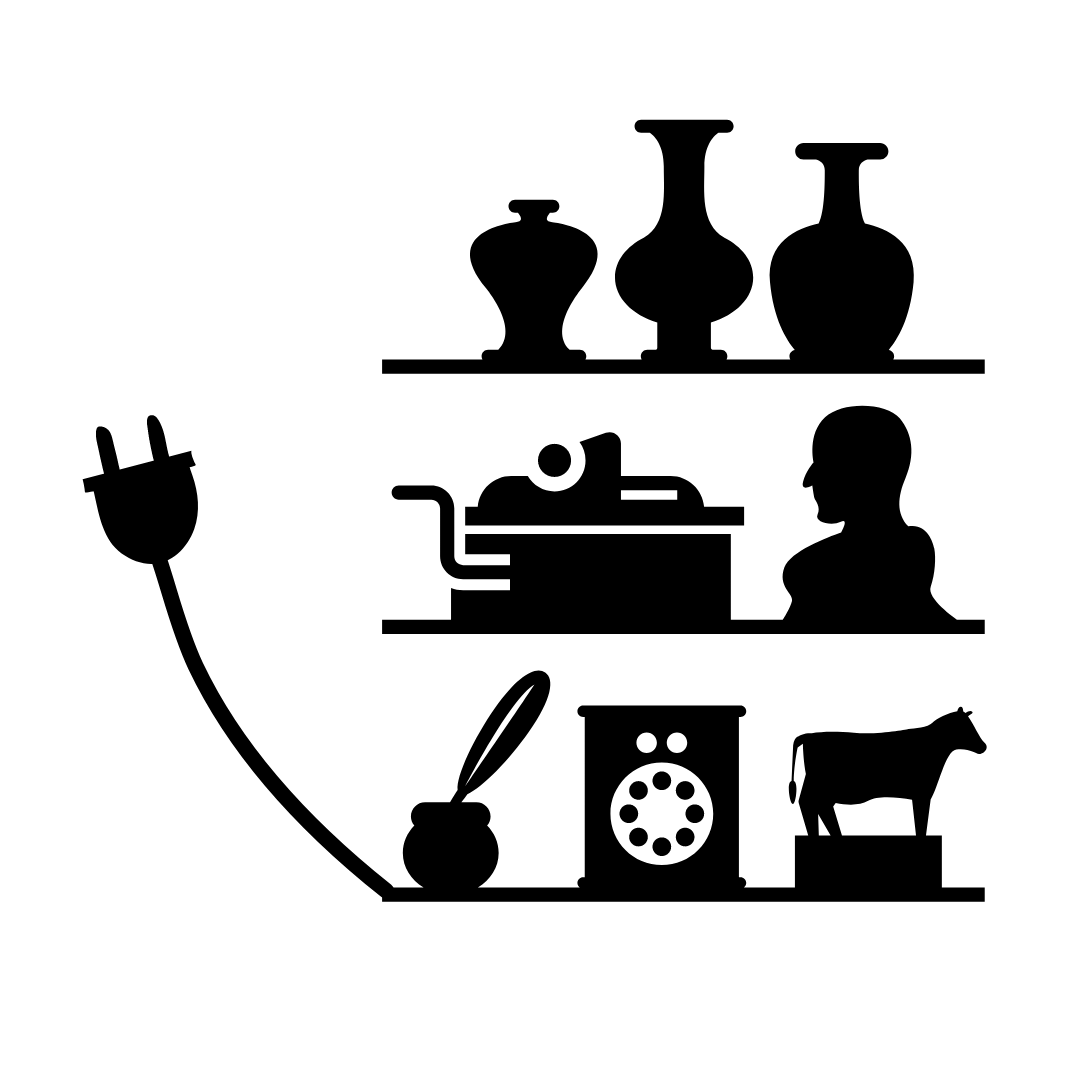 illustration of collections on shelves with electrical cord