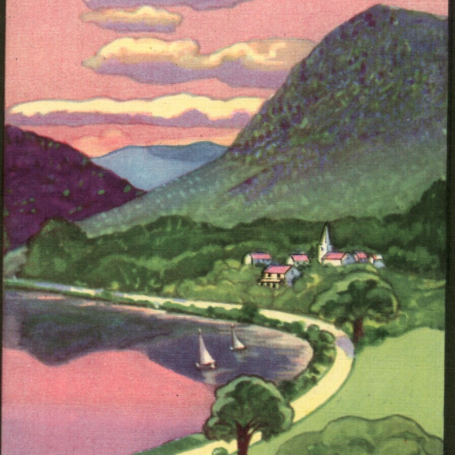 colored drawing of mountains, water, and town