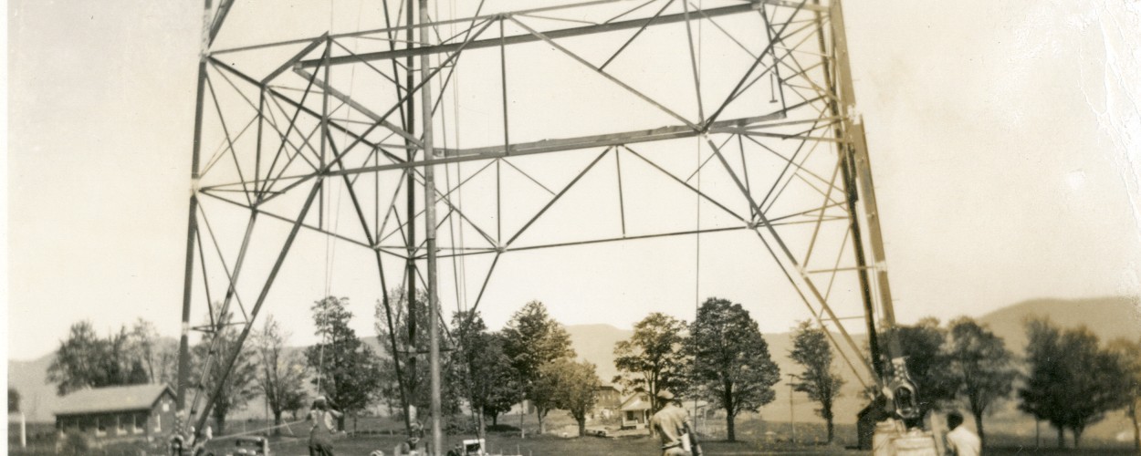 Construction of WDEV radio tower in Waterbury