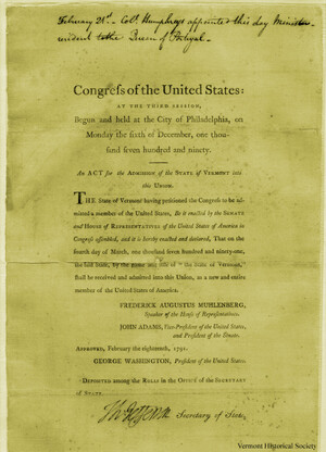 Document declaring Vermont as state