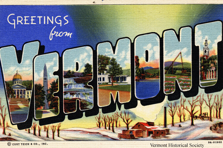 Greetings from Vermont postcard with images of Vermont scenes