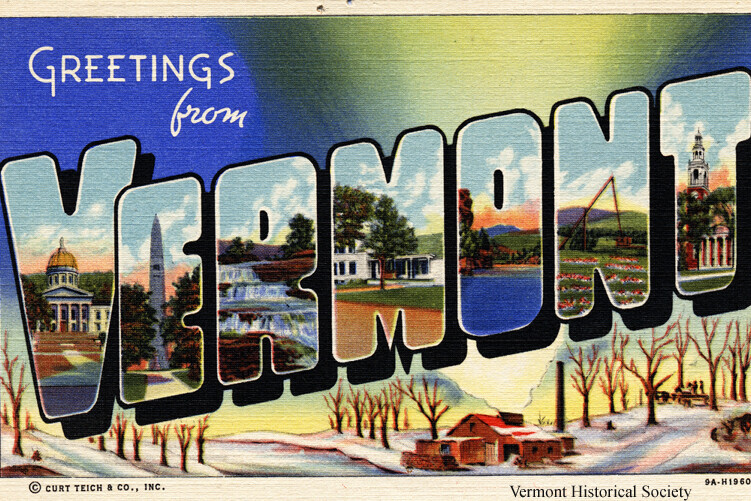 Greetings from Vermont postcard with images of Vermont scenes