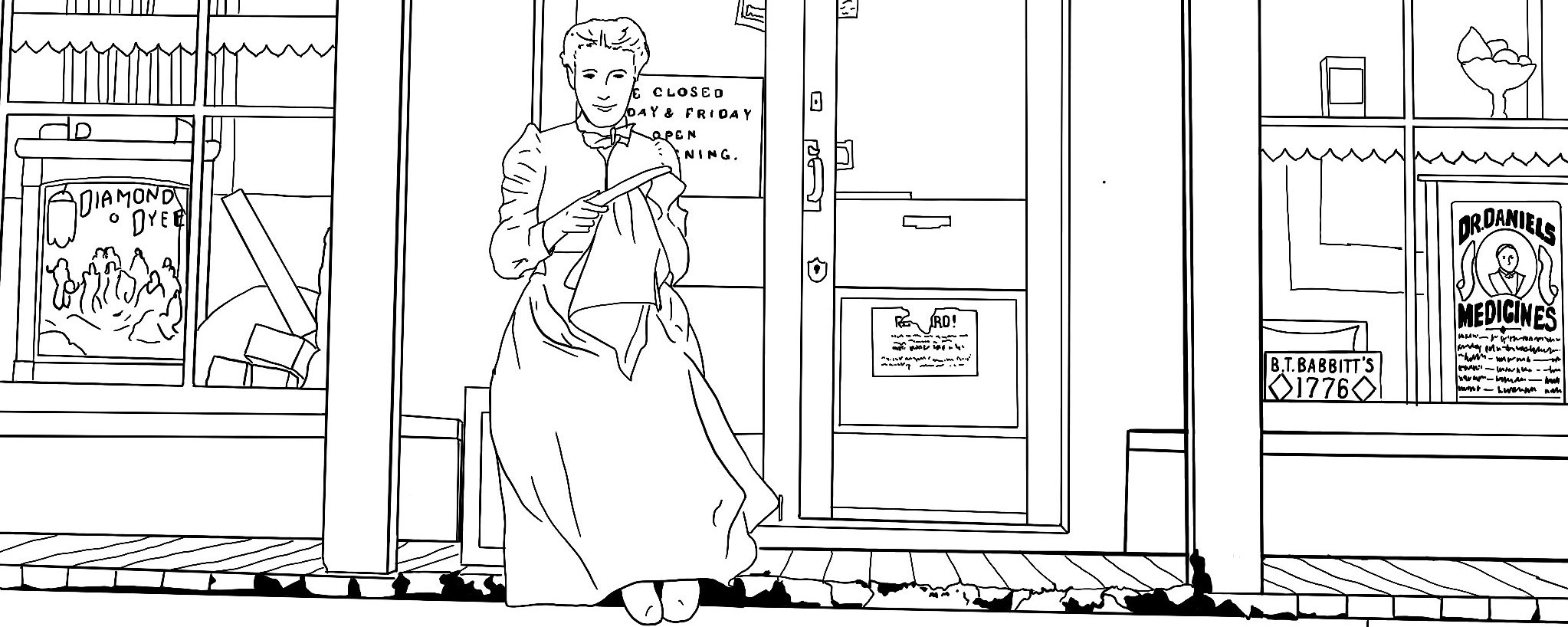 drawing of a woman sitting on the porch of a building