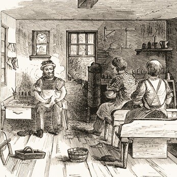 illustration of three men working in shoe shop