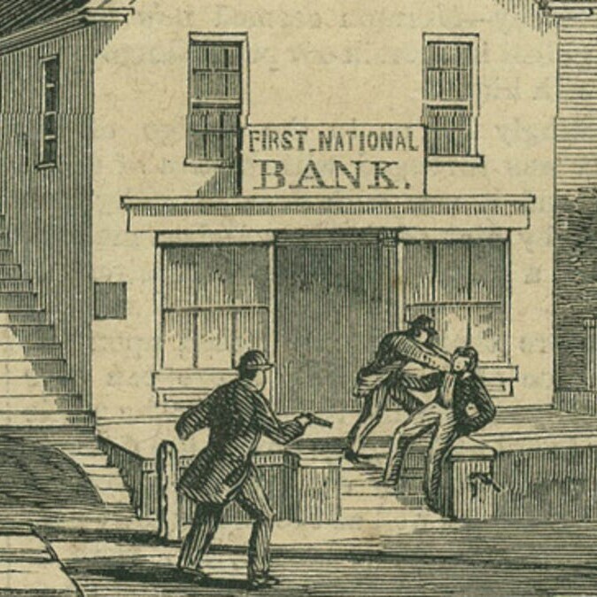 illustration of two men outside bank holding another at gunpoint