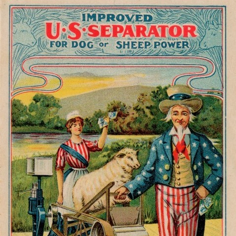 Advertisement for Improved US Cream Separator with an image of Uncle Sam and a sheep on a treadmill