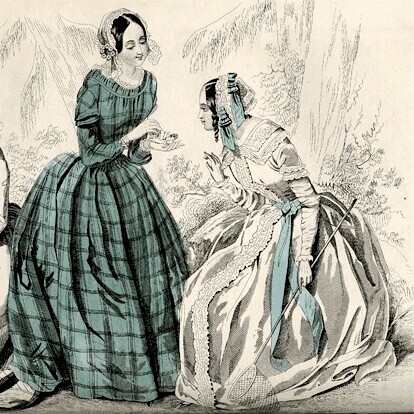 illustration of two ladies wearing dresses and talking