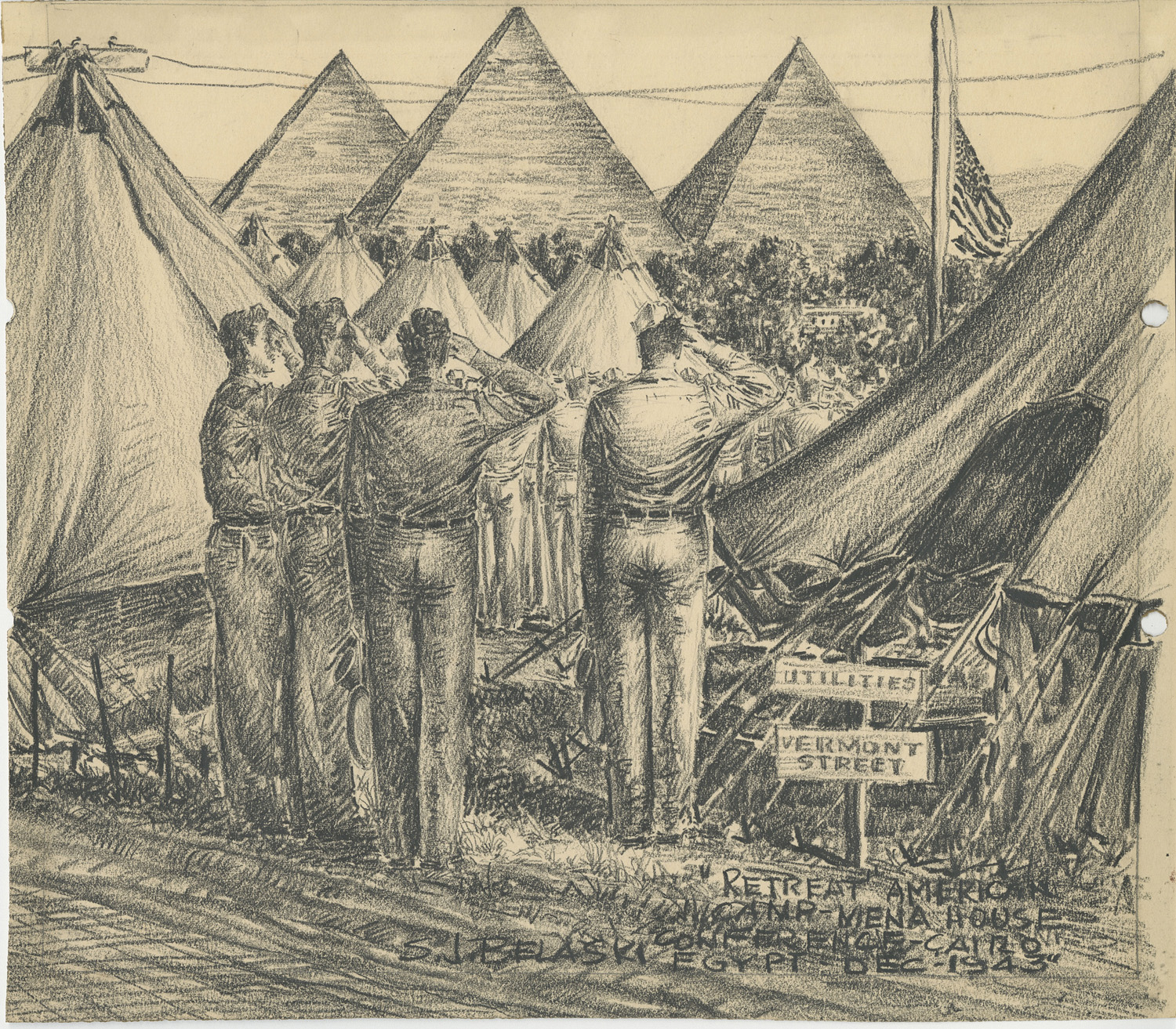 Drawing of Soldiers saluting flag and pyramids during World War 2